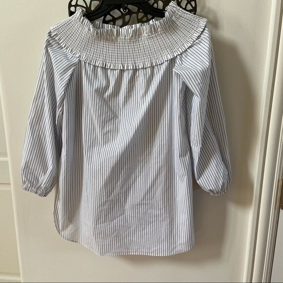 TIBI Stripe Off the Shoulder Smock Tunic Blouse 00 - Picture 3 of 14